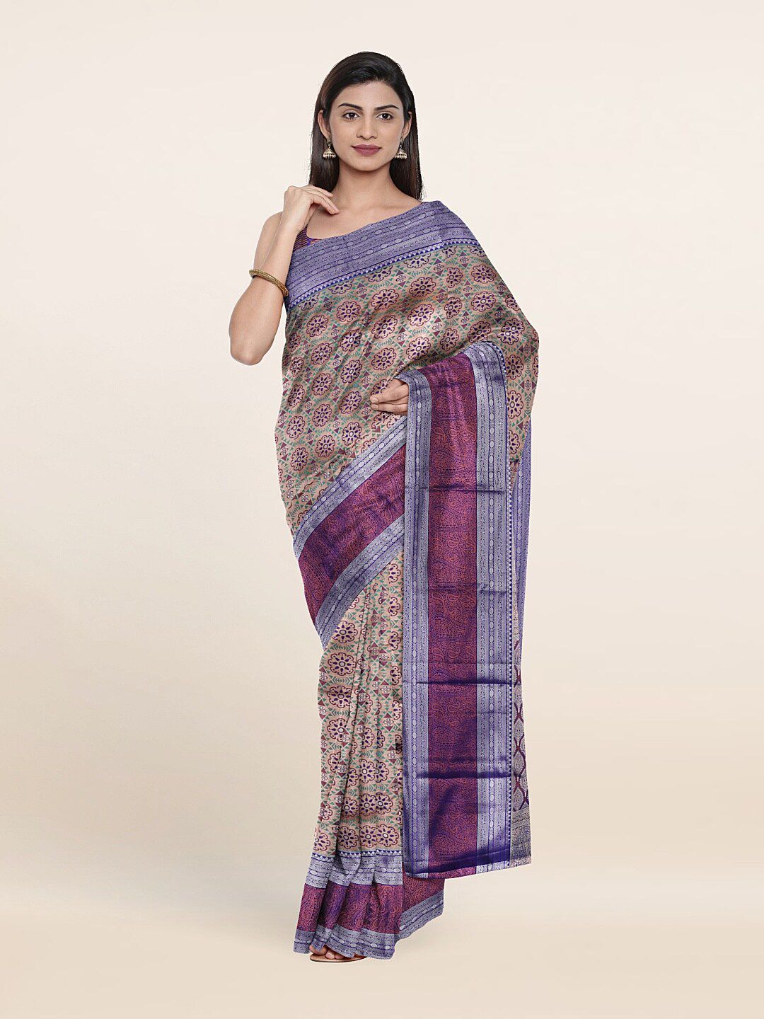 Pothys Violet & Peach-Coloured Ethnic Motifs Zari Pure Silk Saree Price in India