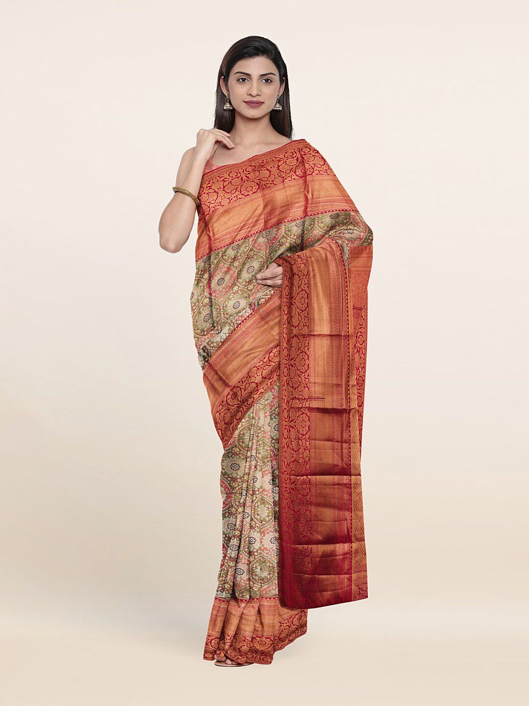 Pothys Green & Red Ethnic Motifs Zari Pure Silk Saree Price in India