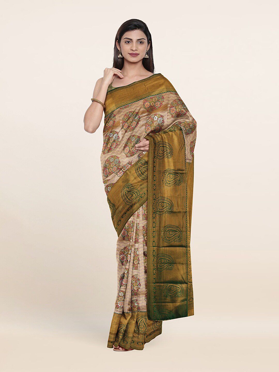 Pothys Peach-Coloured & Green Ethnic Motifs Zari Pure Silk Saree Price in India