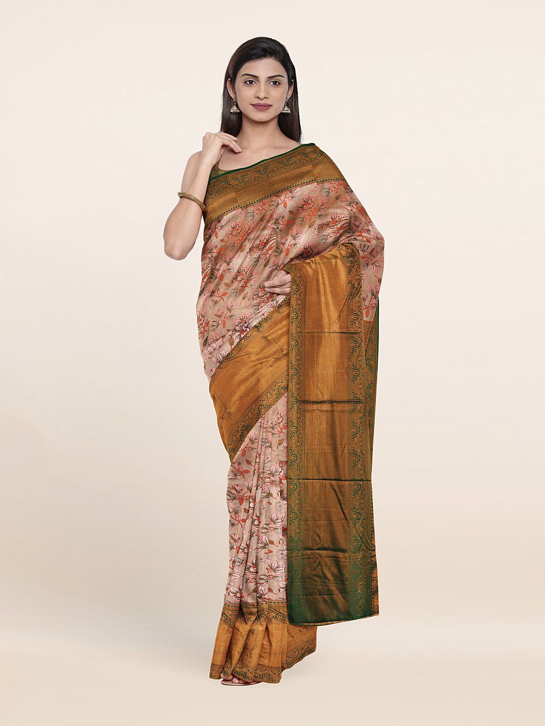 Pothys Pink & Green Woven Design Zari Pure Silk Saree Price in India