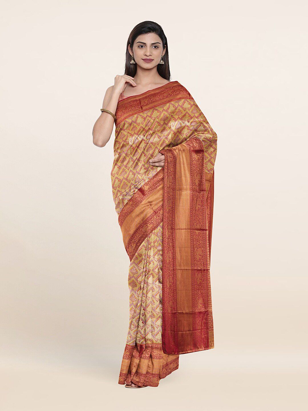 Pothys Yellow & Red Ethnic Motifs Zari Pure Silk Saree Price in India