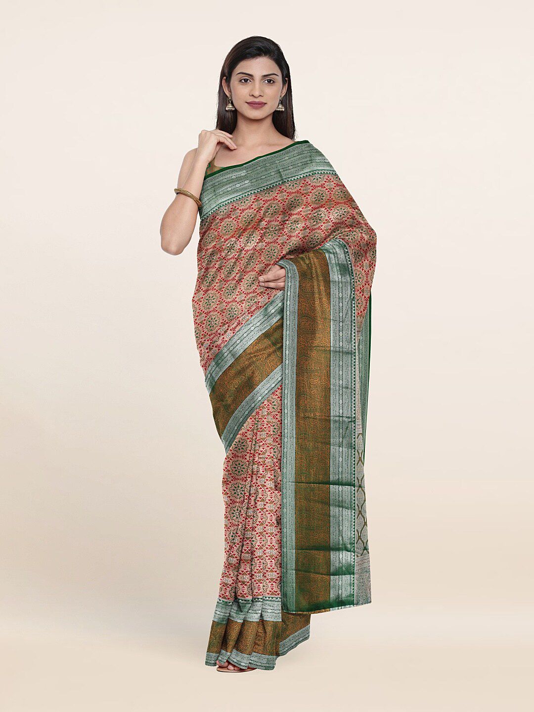 Pothys Pink & Green Ethnic Motifs Zari Pure Silk Saree Price in India