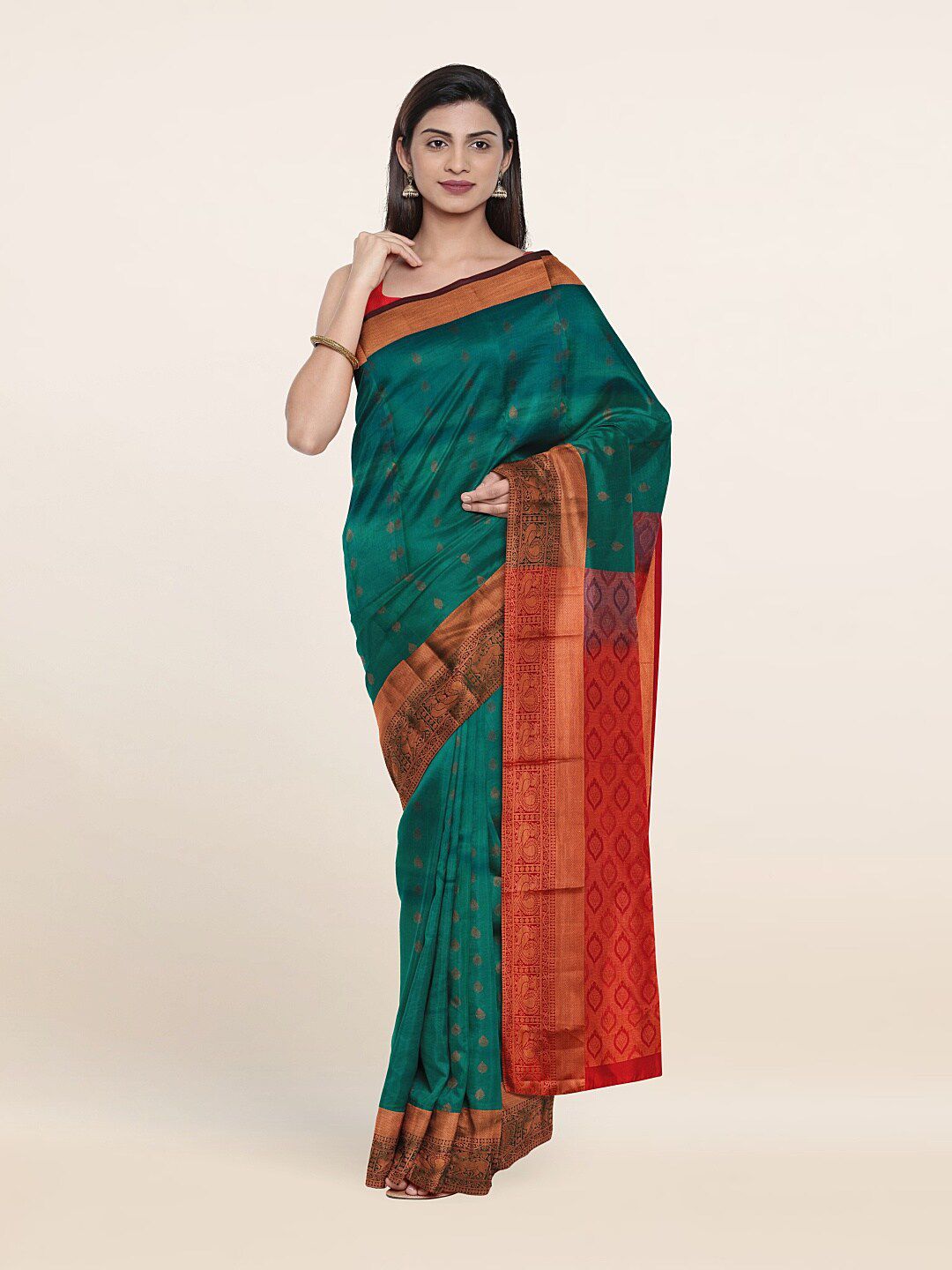 Pothys Green & Red Woven Design Zari Pure Silk Saree Price in India