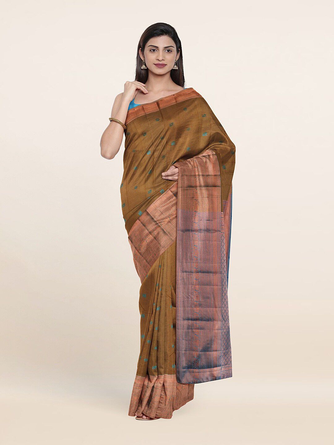 Pothys Brown & Blue Woven Design Zari Pure Silk Saree Price in India