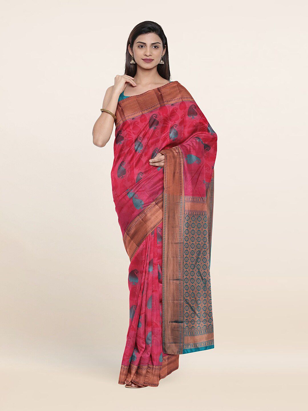 Pothys Pink & Turquoise Blue Woven Design Zari Pure Silk Saree Price in India