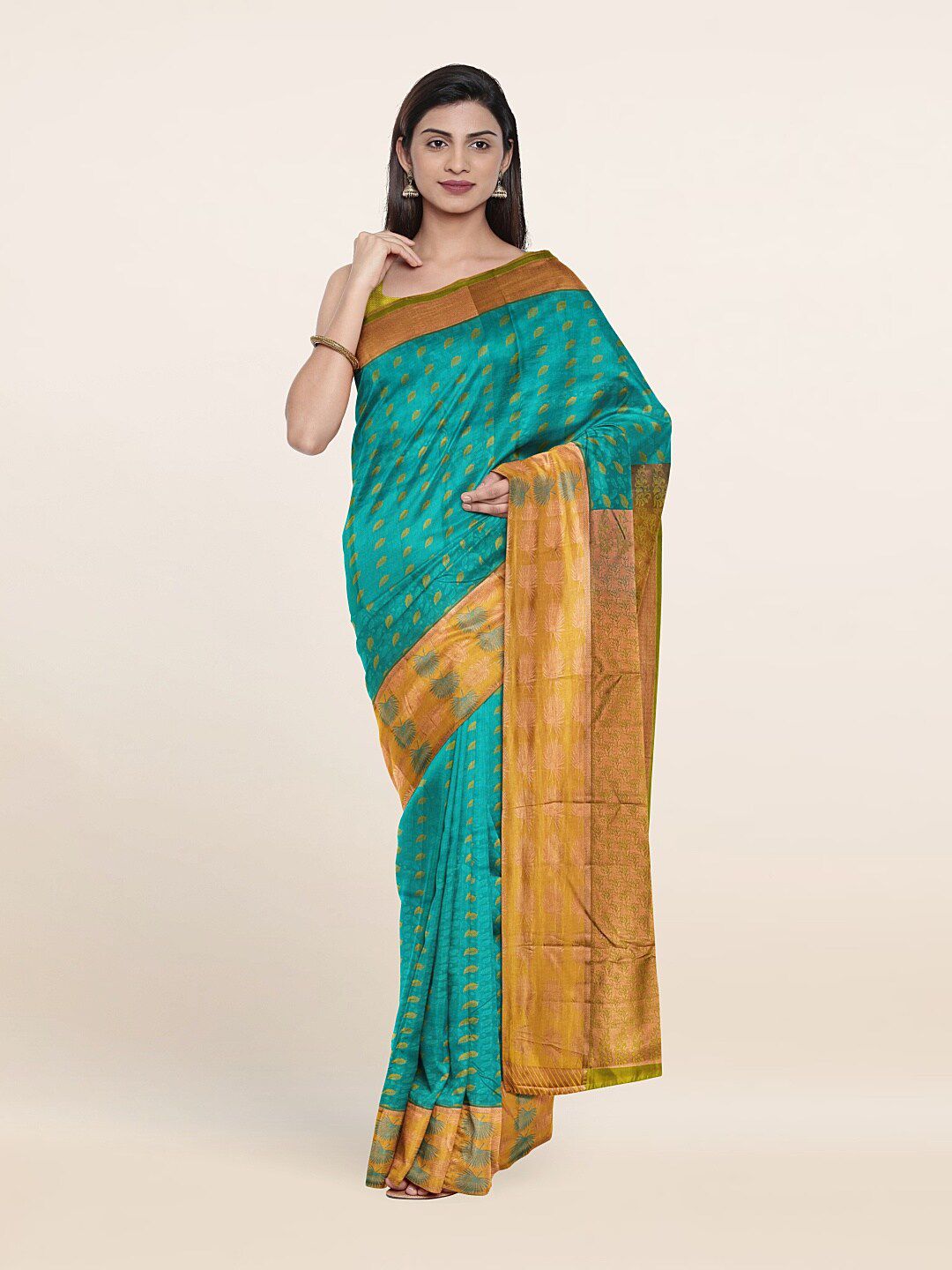 Pothys Blue & Gold-Toned Woven Design Zari Pure Silk Saree Price in India
