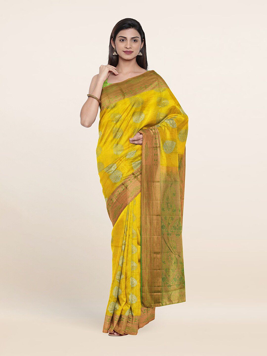 Pothys Yellow & Green Woven Design Zari Pure Silk Saree Price in India