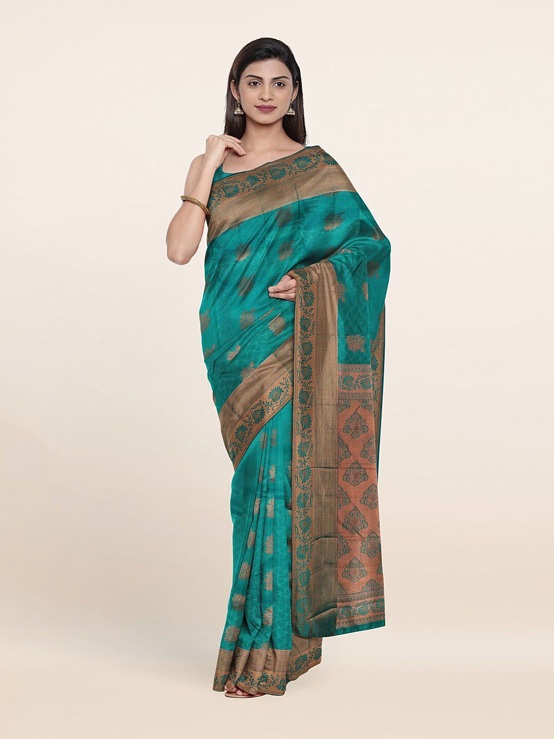 Pothys Blue & Copper-Toned Woven Design Zari Pure Silk Saree Price in India