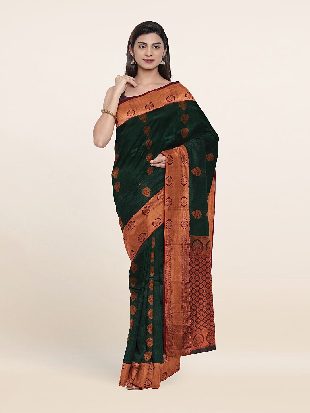 Pothys Green & Copper-Toned Floral Zari Pure Silk Saree Price in India