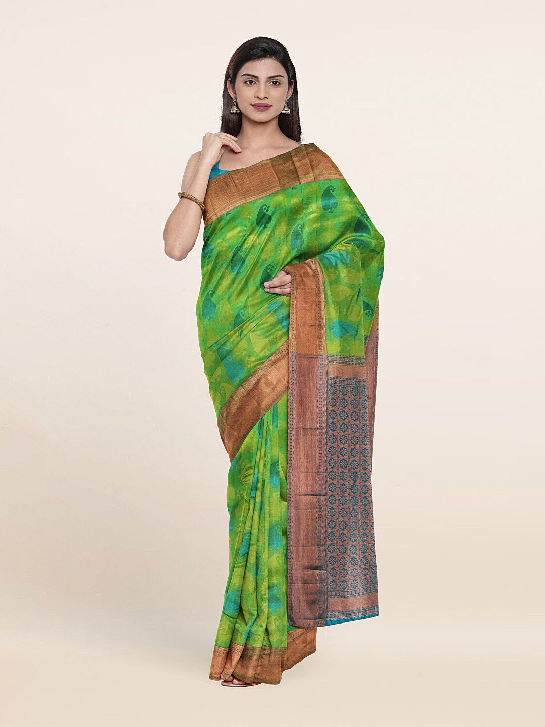 Pothys Green & Turquoise Blue Ethnic Motifs Zari Pure Silk Saree Price in India