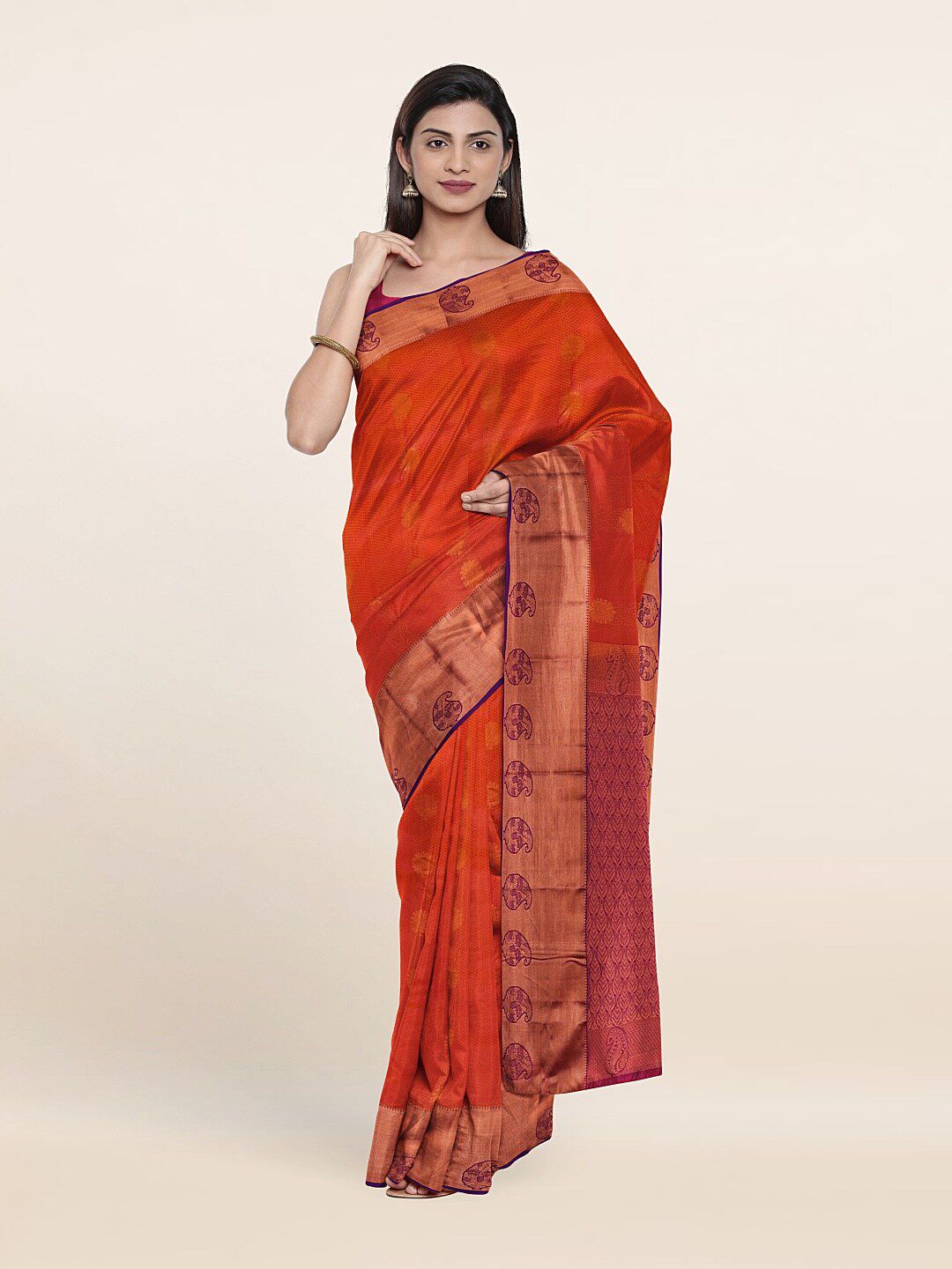 Pothys Rust & Violet Ethnic Motifs Zari Pure Silk Saree Price in India
