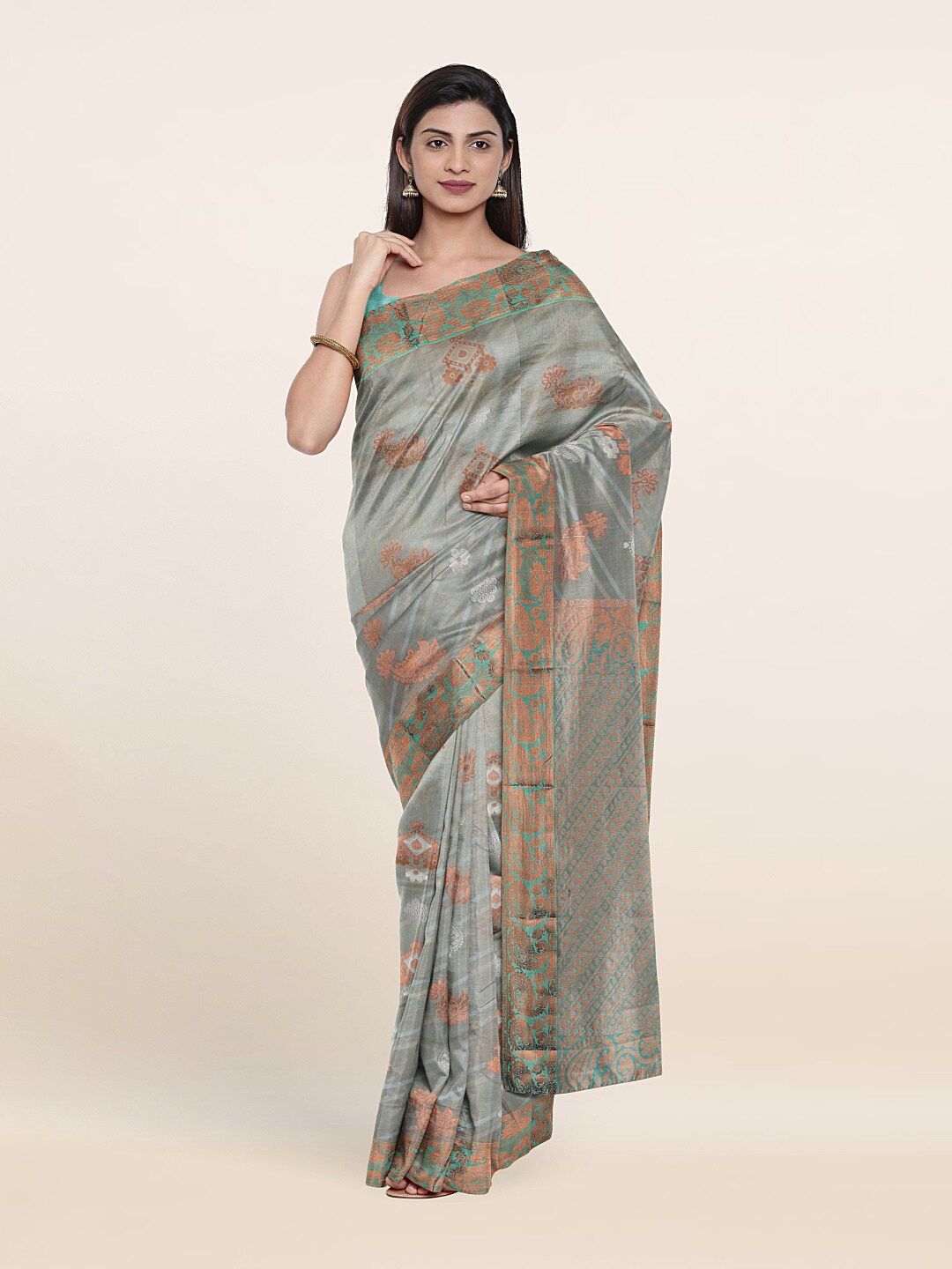Pothys Grey & Copper-Toned Ethnic Motifs Zari Pure Silk Saree Price in India