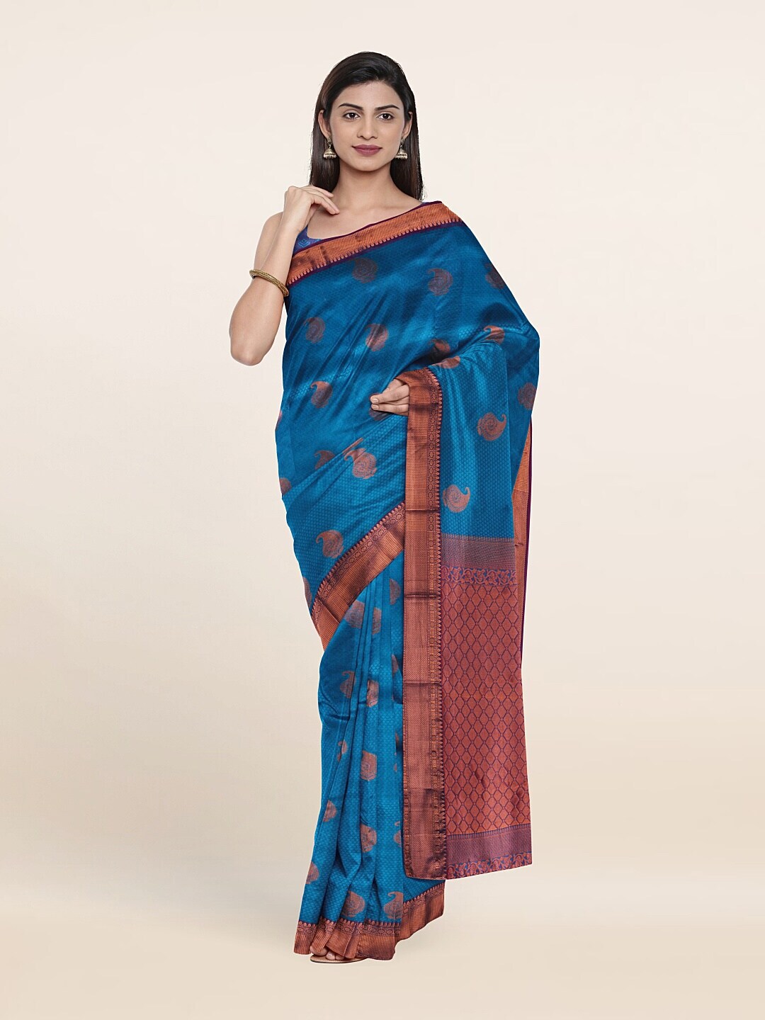 Pothys Blue & Red Ethnic Motifs Zari Pure Silk Saree Price in India