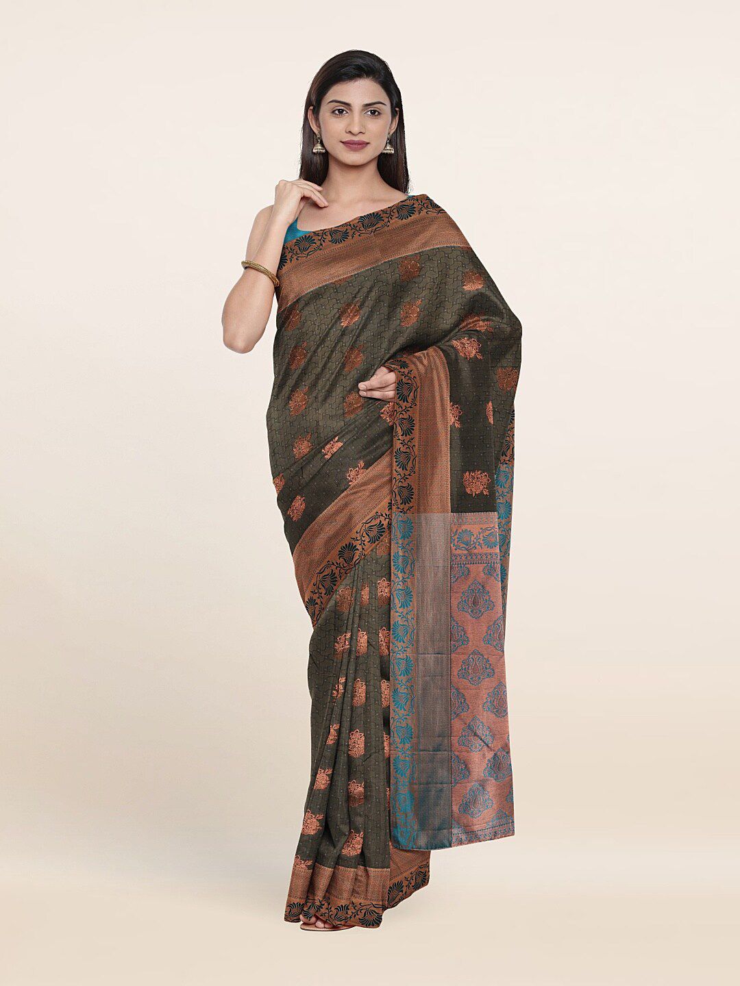 Pothys Grey & Turquoise Blue Woven Design Zari Pure Silk Saree Price in India