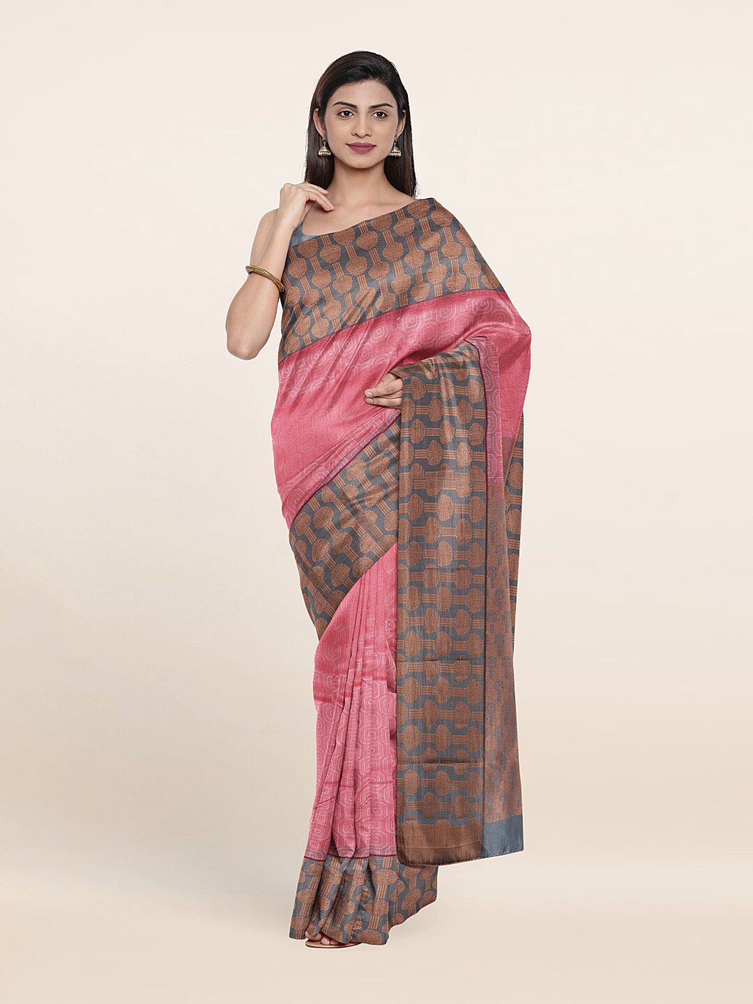 Pothys Pink & Grey Woven Design Zari Pure Silk Saree Price in India