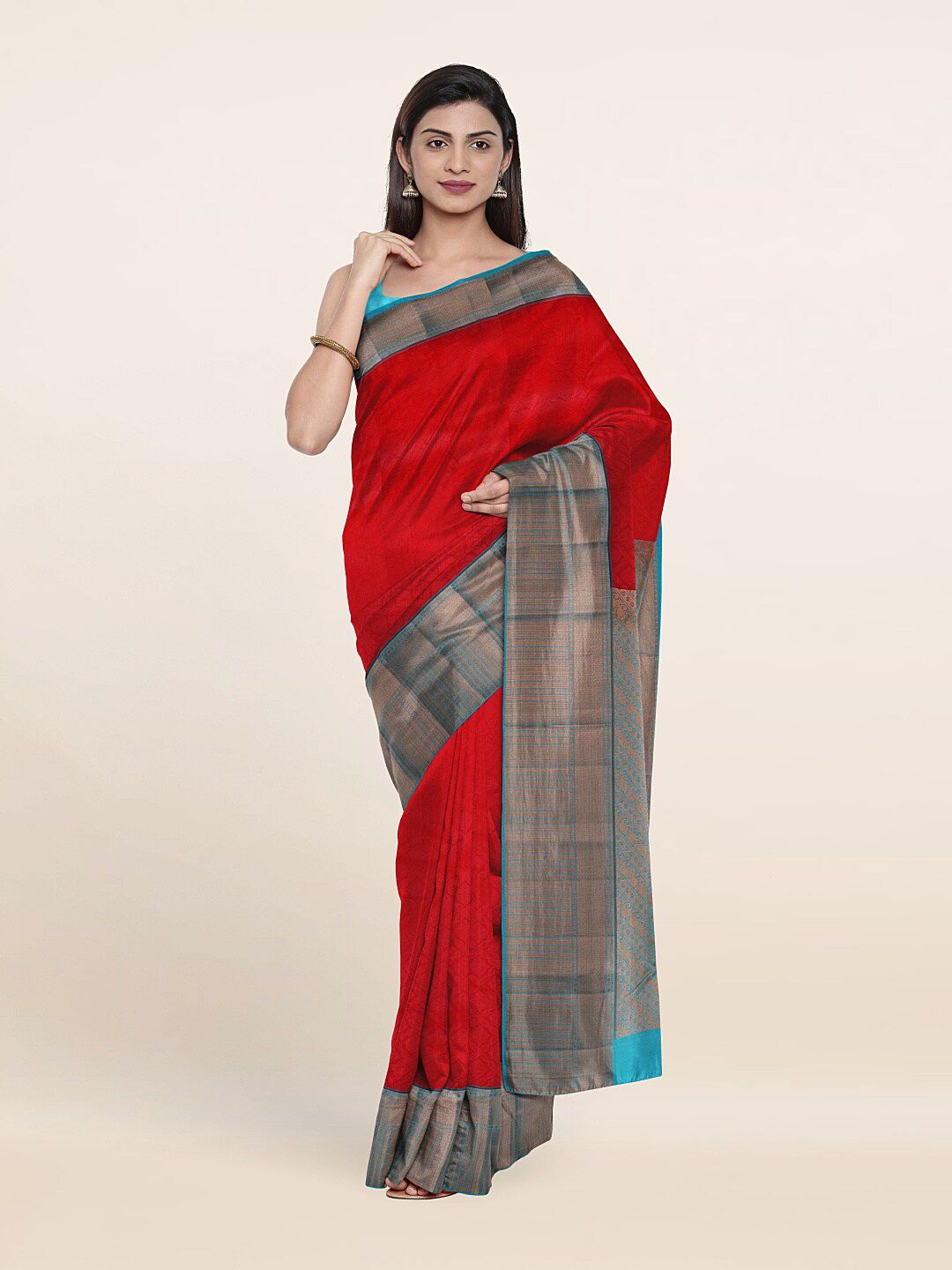 Pothys Red & Turquoise Blue Woven Design Zari Pure Silk Saree Price in India
