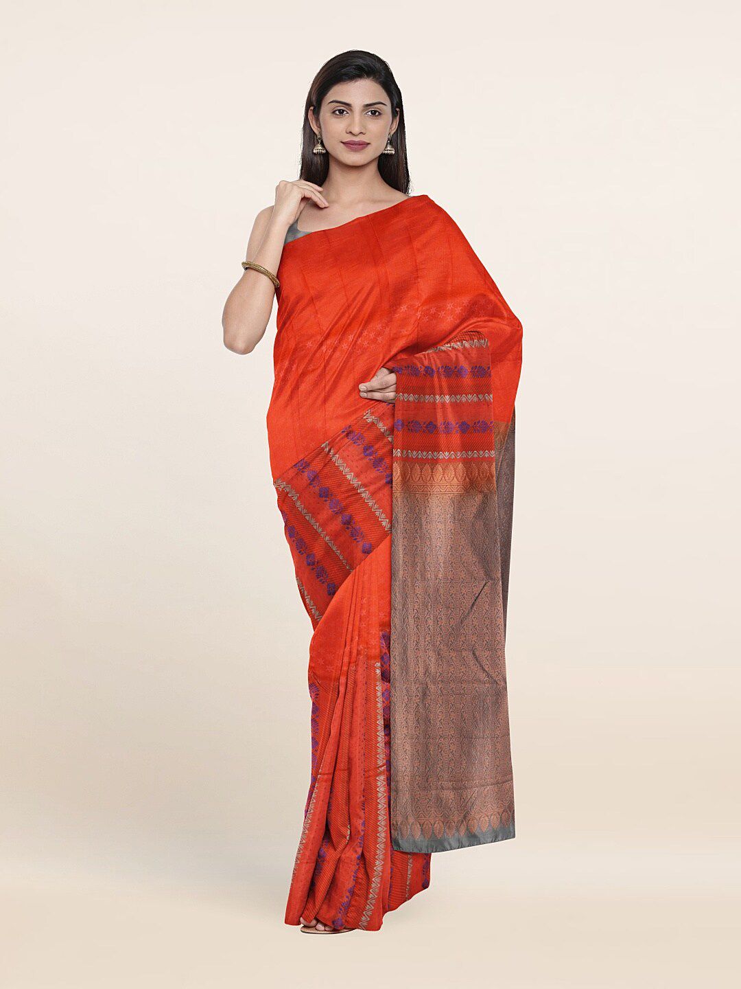 Pothys Coral & Blue Woven Design Zari Pure Silk Saree Price in India