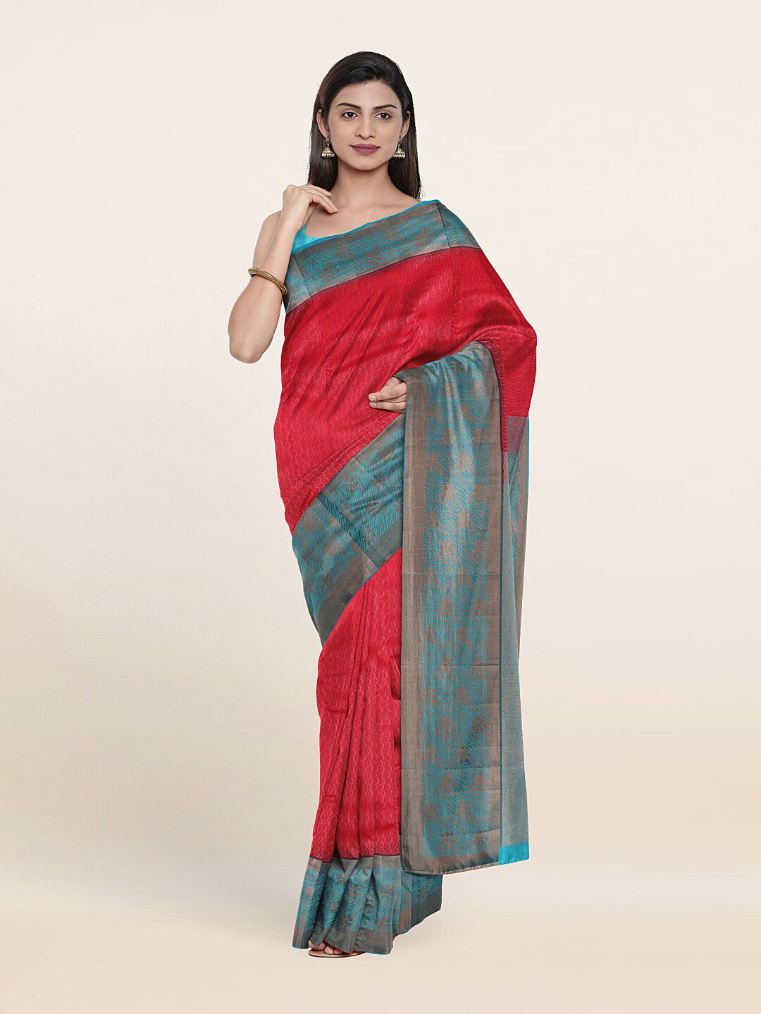 Pothys Pink & Turquoise Blue Woven Design Zari Pure Silk Saree Price in India