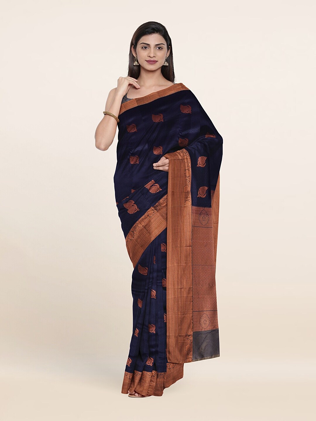 Pothys Navy Blue & Copper-Toned Woven Design Zari Pure Silk Saree Price in India