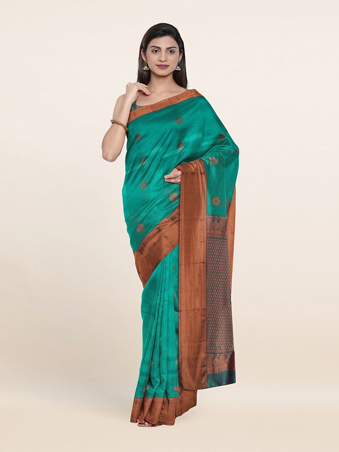Pothys Green & Copper-Toned Woven Design Pure Silk Saree Price in India