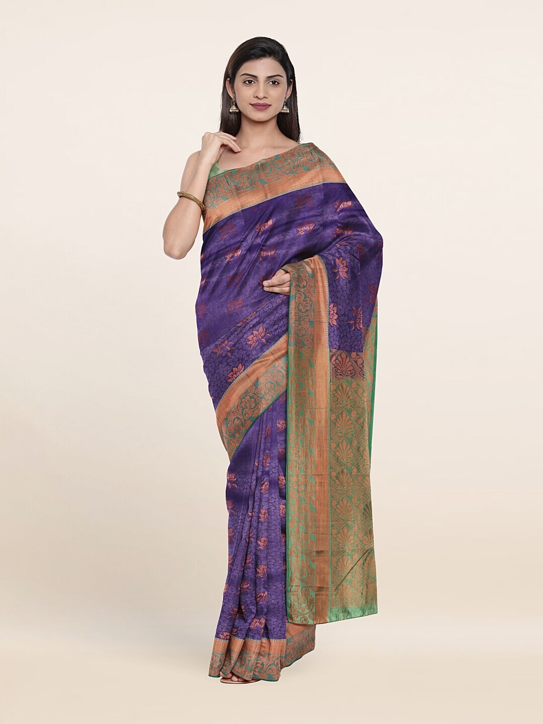 Pothys Violet & Green Floral Zari Pure Silk Saree Price in India