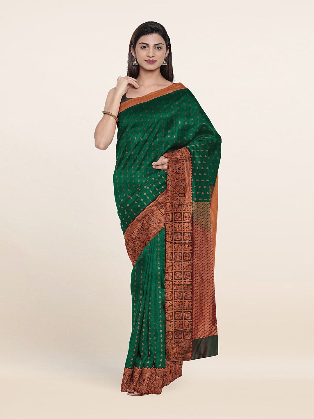 Pothys Green & Copper-Toned Ethnic Motifs Zari Pure Silk Saree Price in India