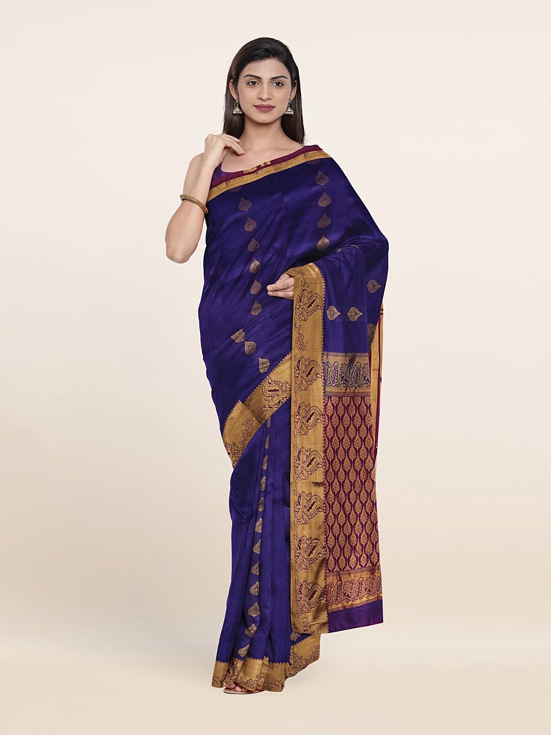 Pothys Blue & Copper-Toned Ethnic Motifs Zari Pure Silk Saree Price in India