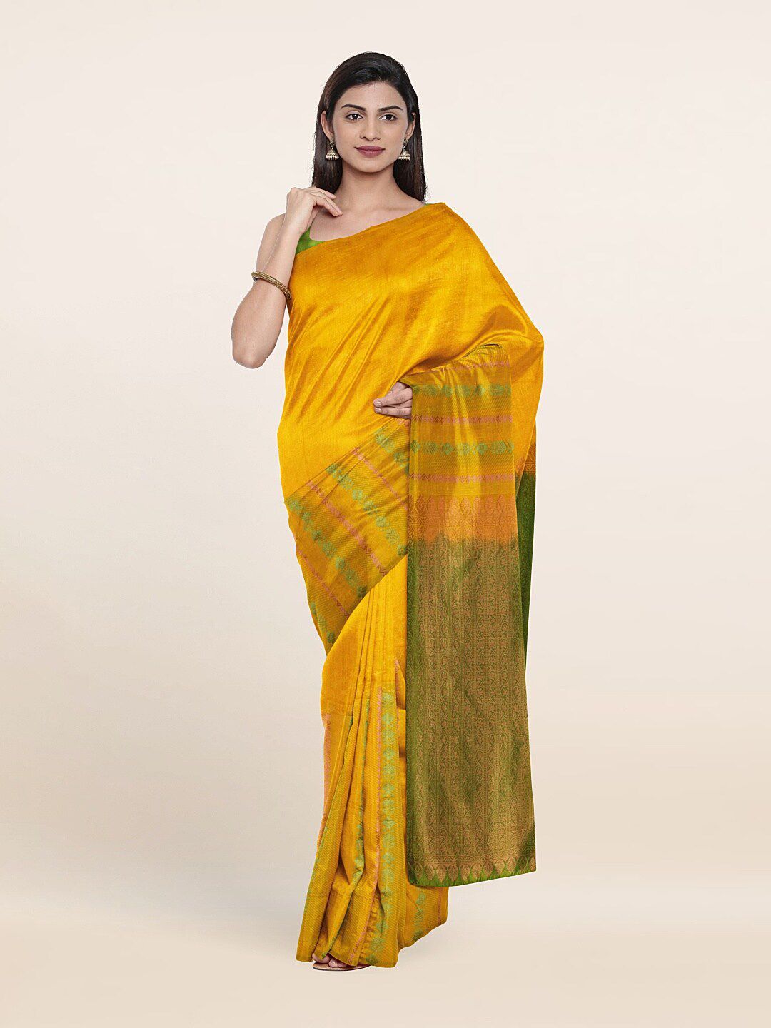 Pothys Yellow & Green Floral Zari Pure Silk Saree Price in India