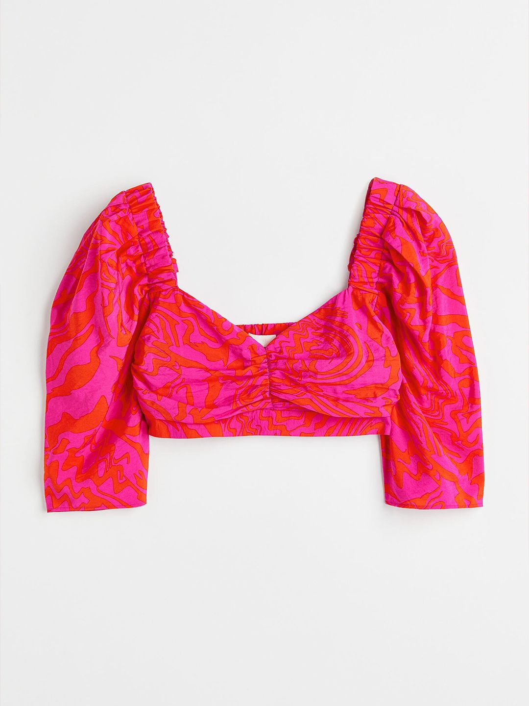 H&M Women Red & Pink Printed Puff-Sleeved Cropped Top Price in India