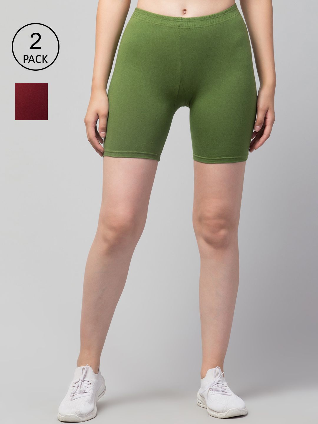 Apraa & Parma Women Pack of 2 Lime Green & Maroon Slim Fit Cycling Sports Shorts Price in India
