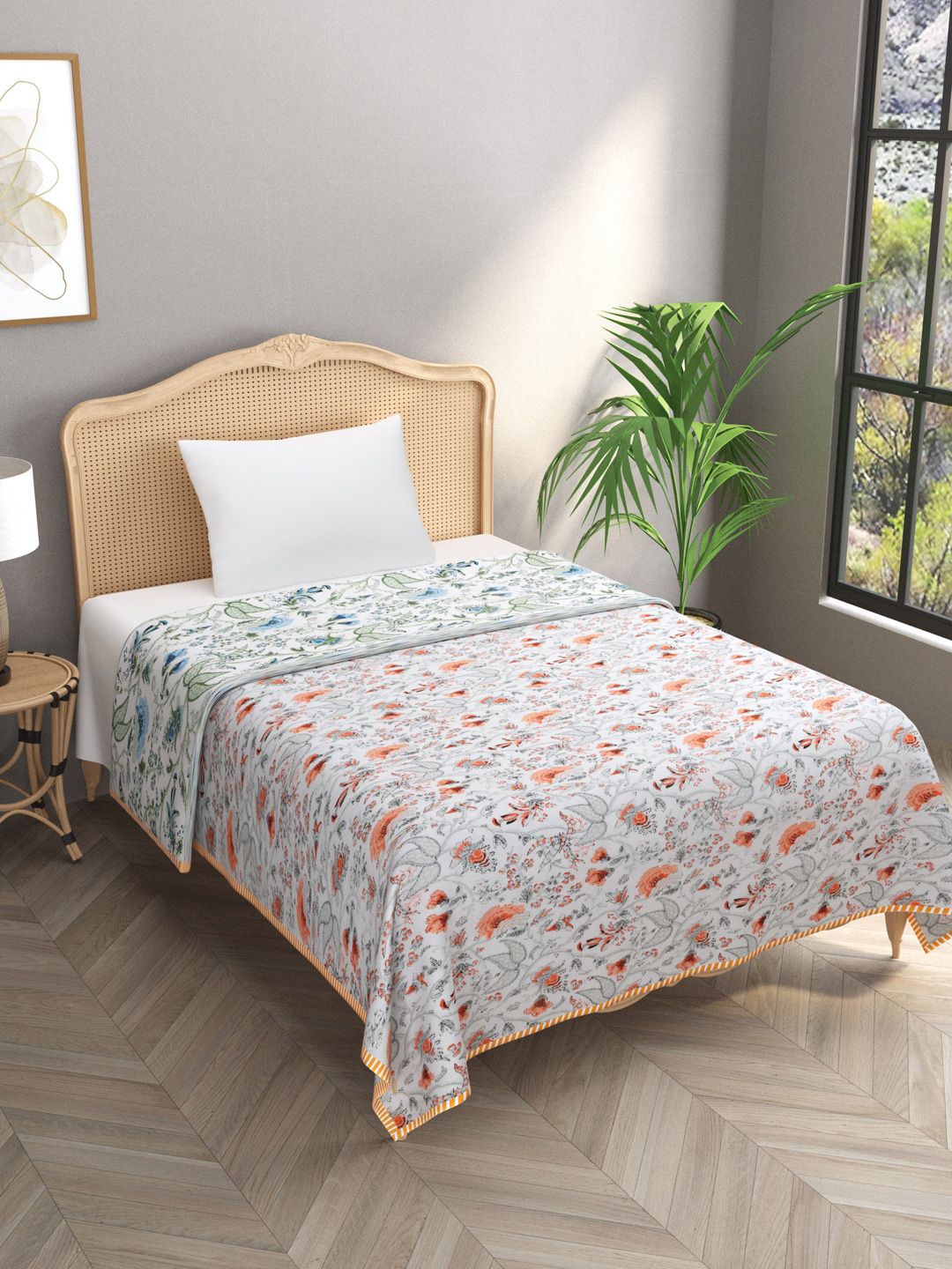Gulaab Jaipur Orange & White Floral AC Room 300 GSM Single Bed Cotton Dohar Price in India