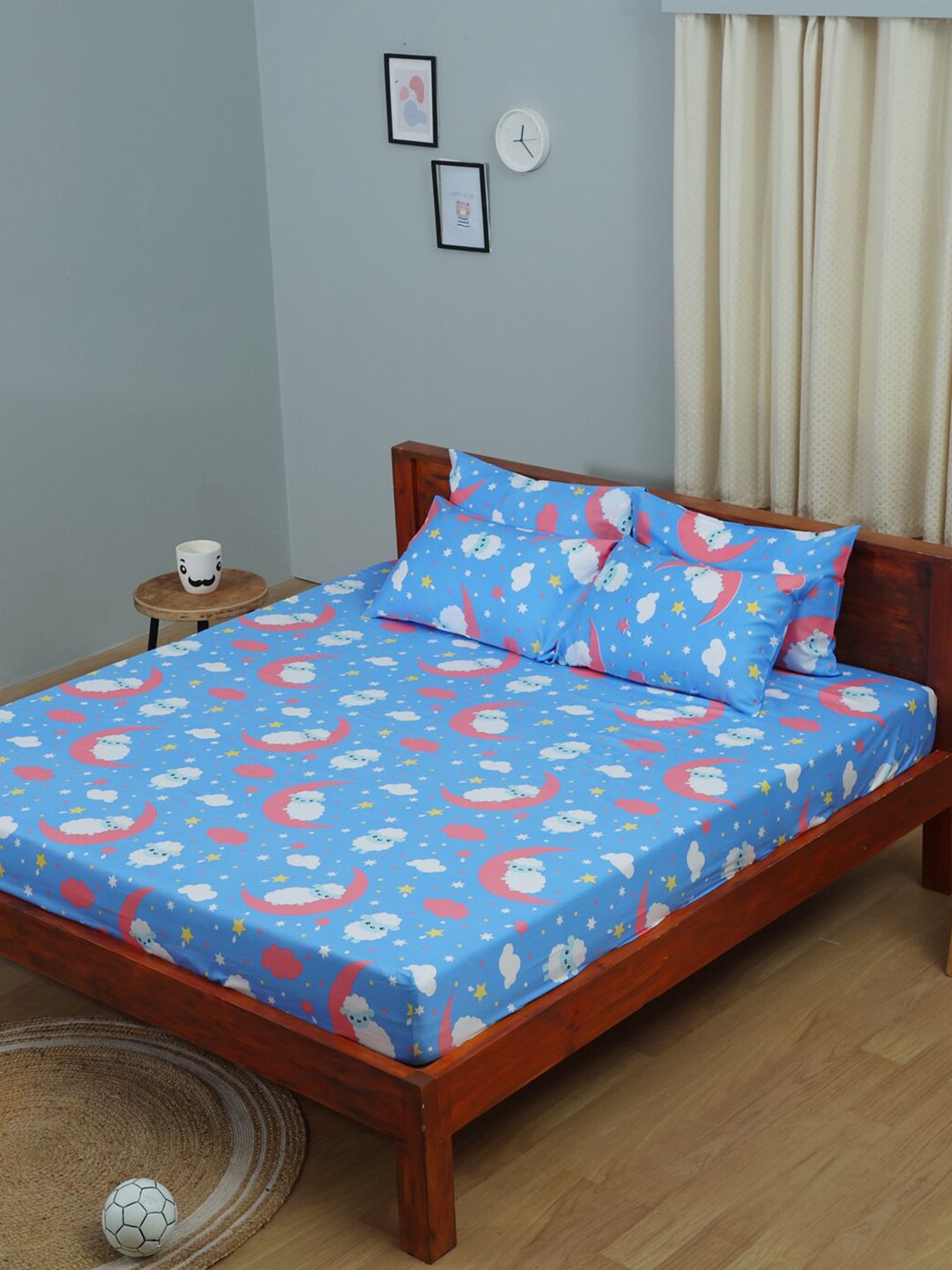 BLUE DAHLIA Printed 250 TC King Cotton Fitted Bedsheet with 2 Pillow Covers Price in India