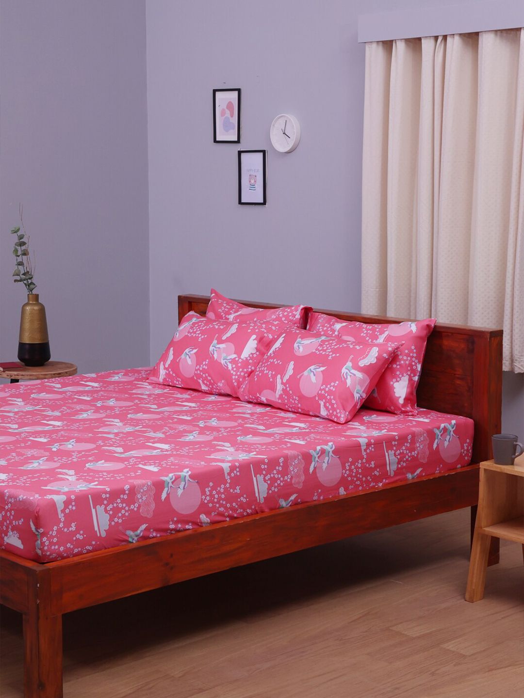 BLUE DAHLIA Printed 250 TC Queen Cotton Fitted Bedsheet with 2 Pillow Covers Price in India