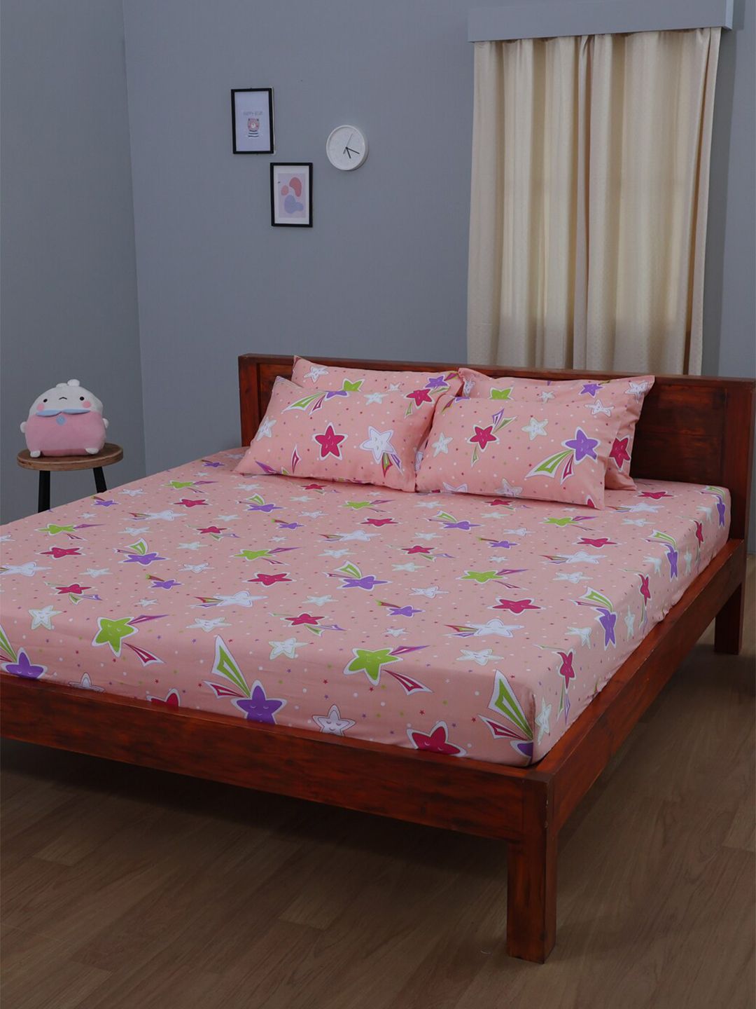 BLUE DAHLIA Peach-Coloured 250 TC Queen Bedsheet with 2 Pillow Covers Price in India