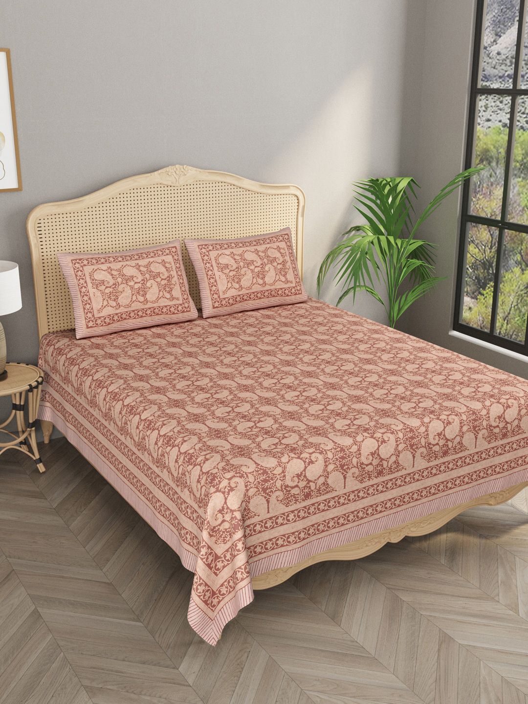 Gulaab Jaipur Brown Ethnic Motifs 400 TC King Bedsheet with 2 Pillow Cotton Covers Price in India