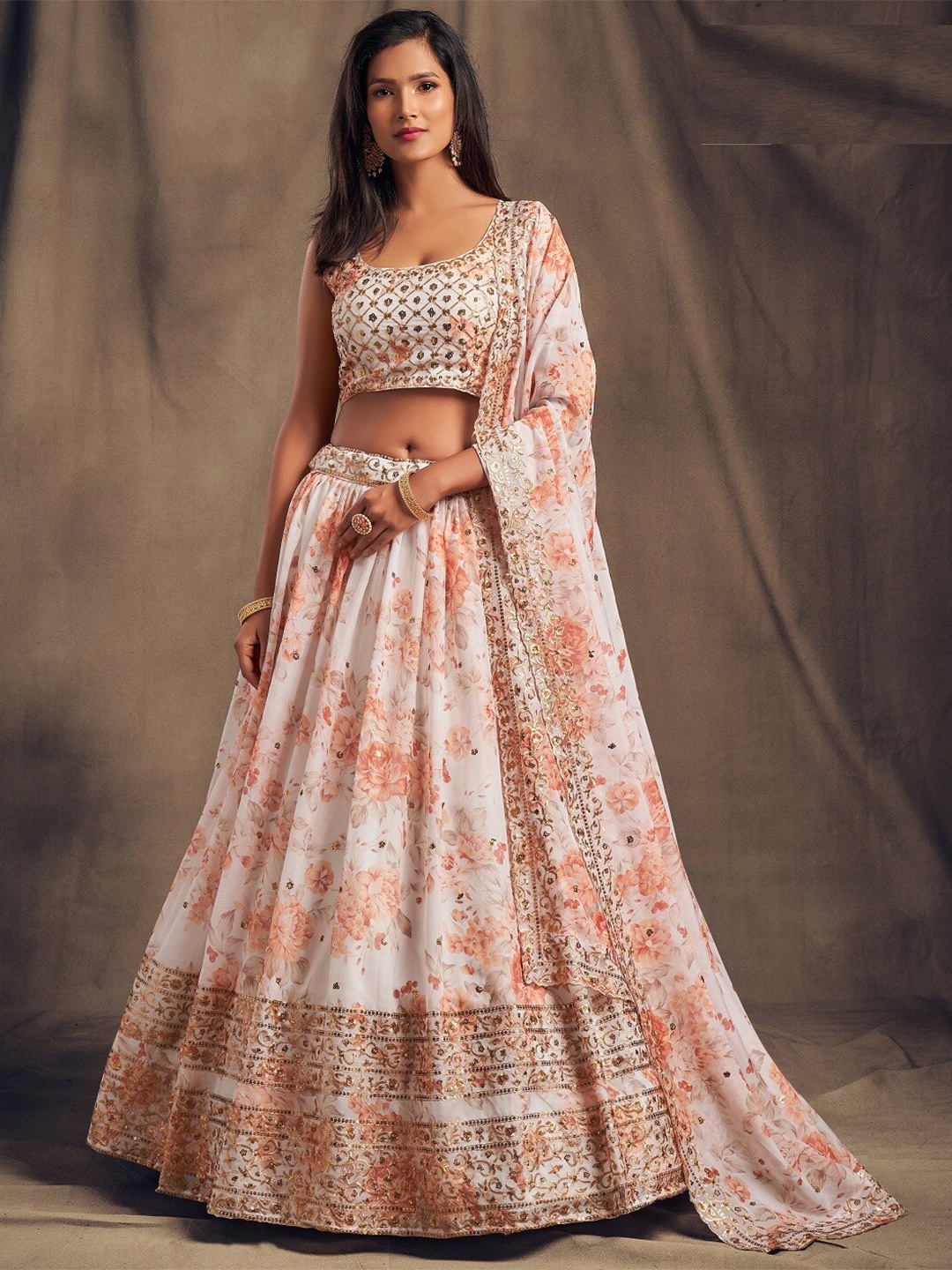 Ethnic Yard White & Peach-Coloured Embroidered Semi-Stitched Lehenga & Unstitched Blouse With Dupatta Price in India