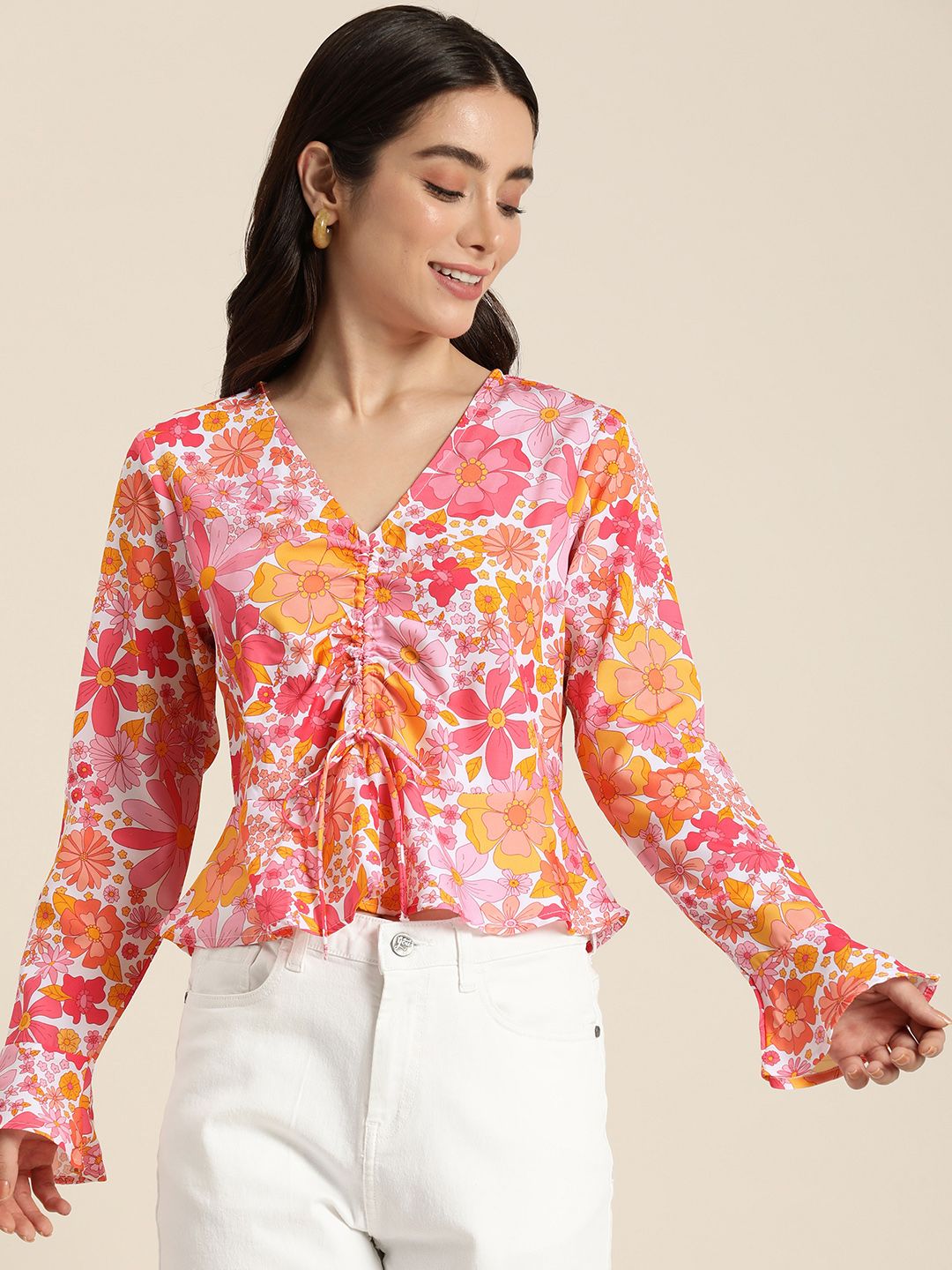 encore by INVICTUS Floral Print Bell Sleeve Peplum Top Price in India