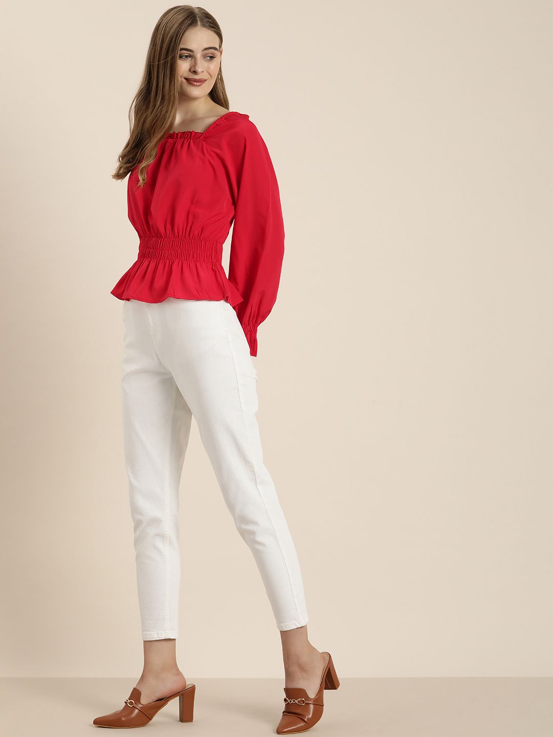 encore by INVICTUS Bell Sleeves Smocked Detail Peplum Top Price in India