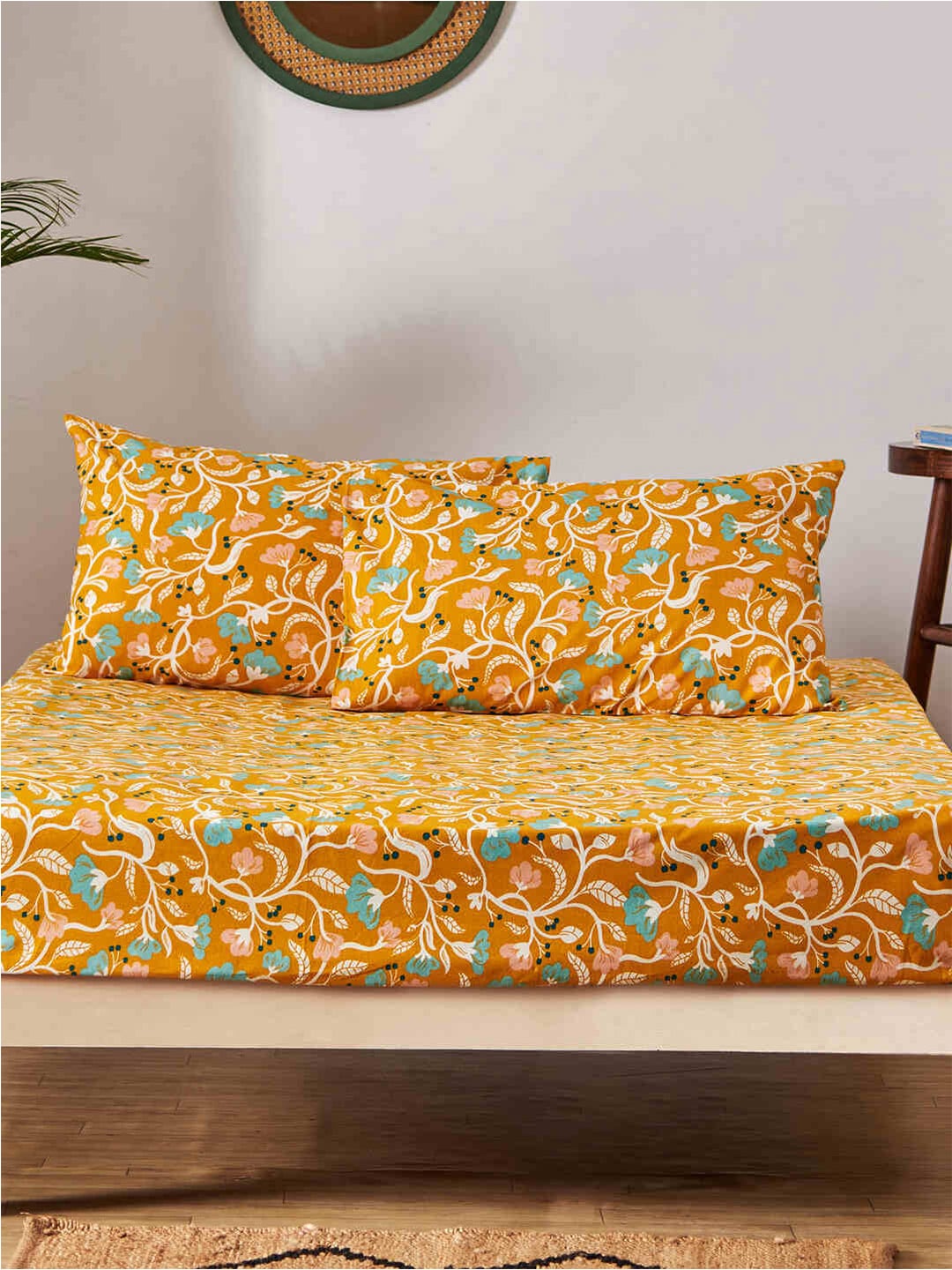 Chumbak Yellow & Blue Floral 130 TC Queen Bedsheet with 2 Pillow Cotton Covers Price in India