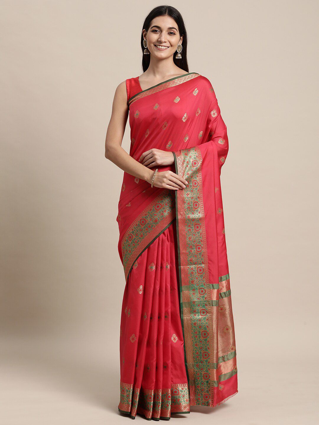 KAITHY CREATION Red & Green Floral Zari Pure Silk Banarasi Saree Price in India