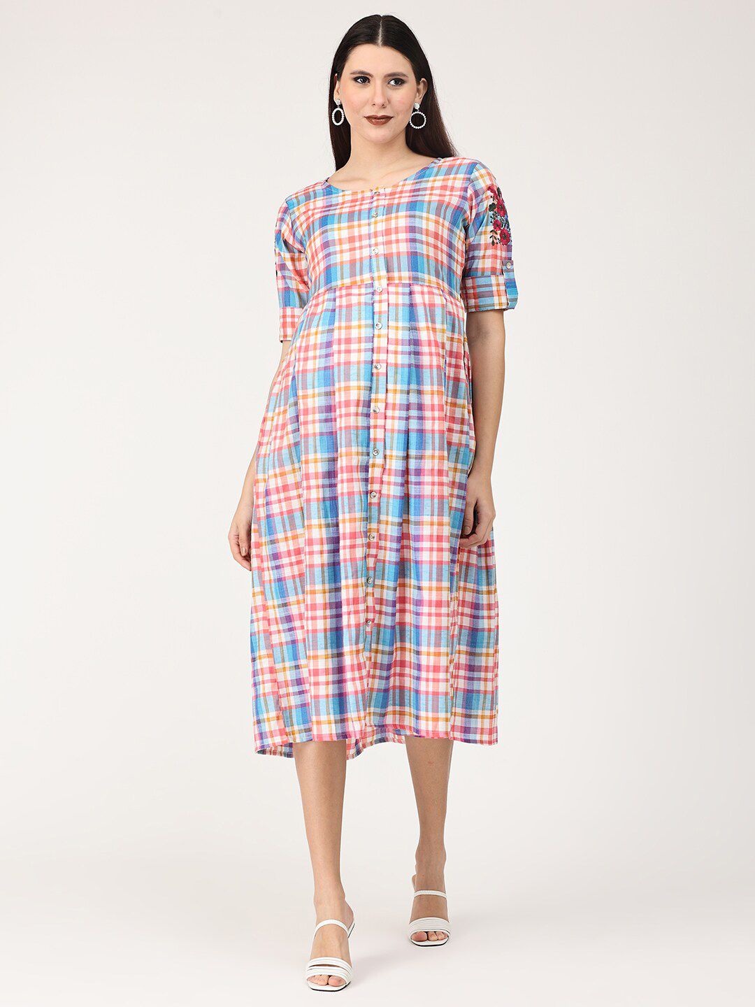 The Mom Store Checked Maternity A-Line Midi Dress Price in India