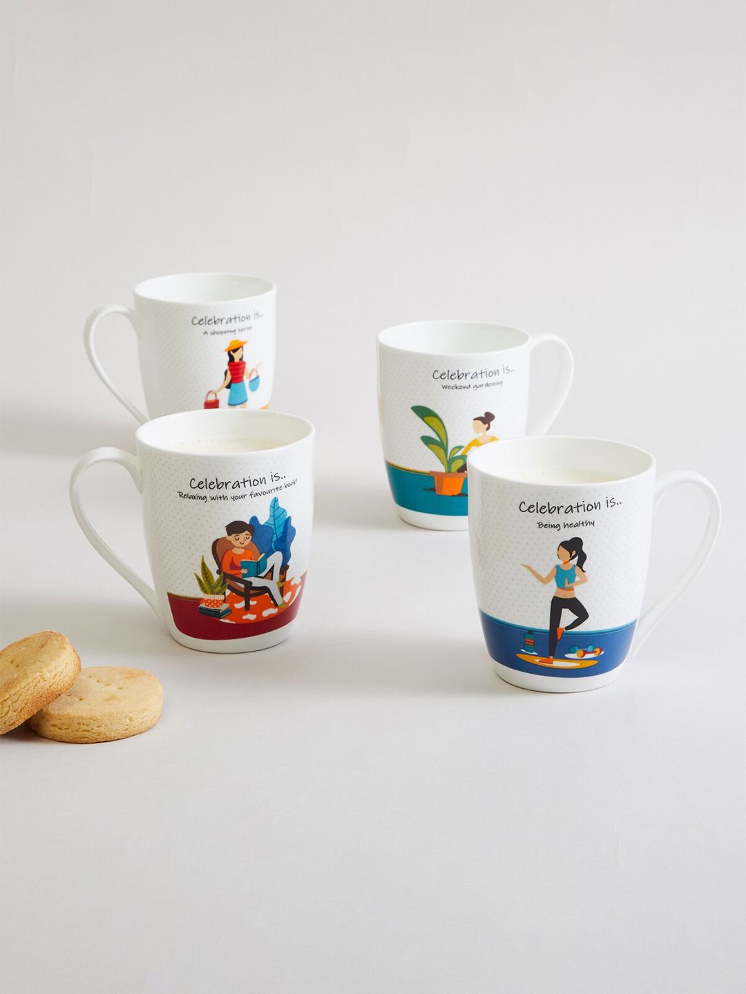 Home Centre  Set of 4 Text or Slogans Printed Bone China Glossy Mugs 340ml Price in India