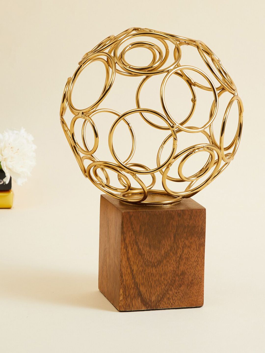 Home Centre Gold-Toned & Brown Ring Ball Table Accent With Wooden Base Showpieces Price in India