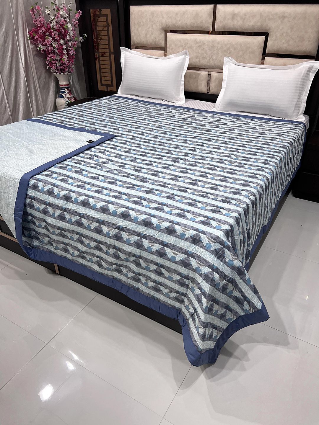 Pure Decor Blue & Grey Geometric AC Room 300 GSM Double Bed Cotton Dohar Price in India