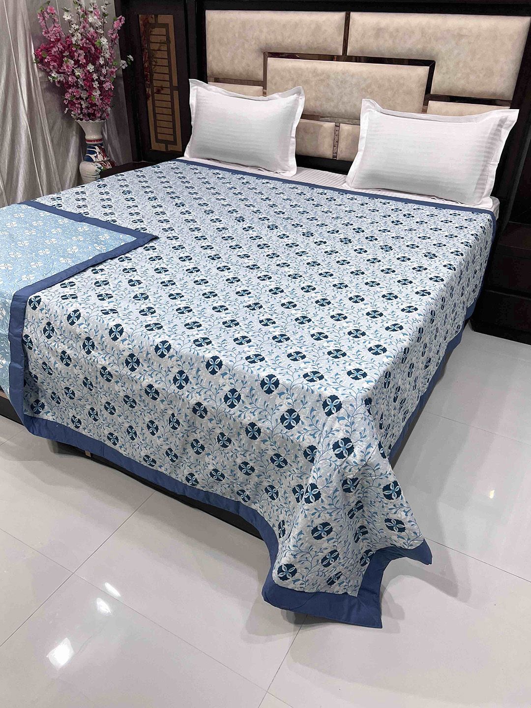 Pure Decor Blue & White Floral AC Room 300 GSM Double Bed Cotton Dohar Price in India