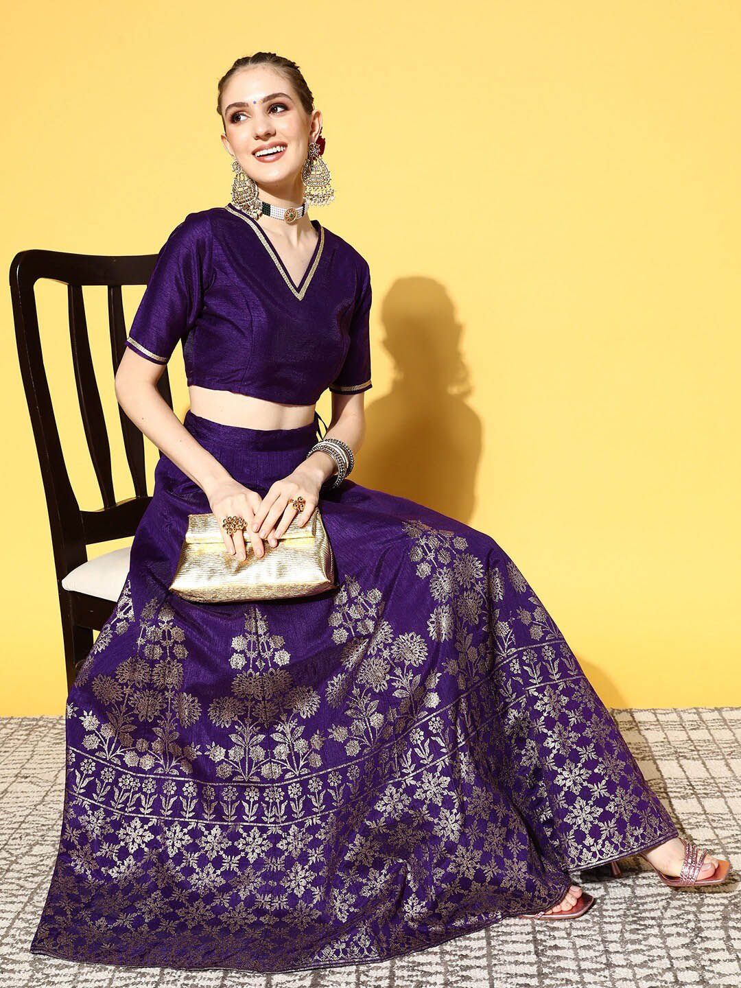 Shae by SASSAFRAS Purple & Gold-Toned Printed Ready to Wear Lehenga & Price in India