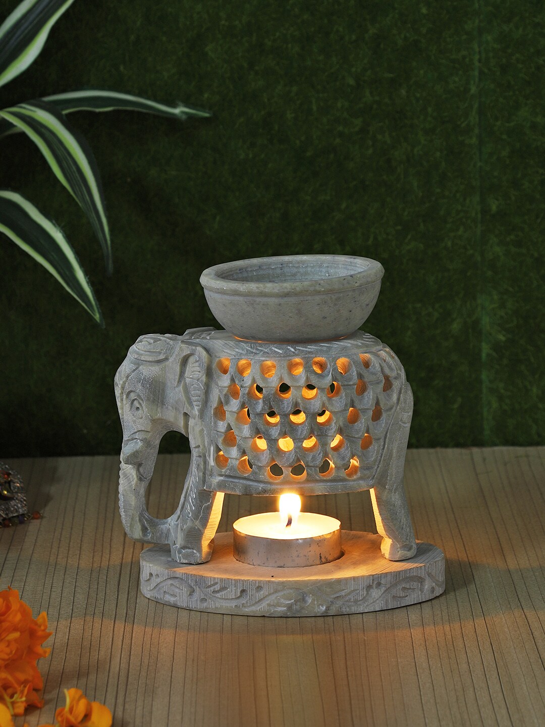 Aapno Rajasthan Elephant Textured Soapstone Tealight Holder with Oil Diffuser Price in India