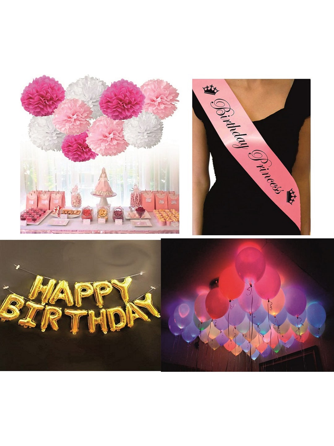CHOCOZONE Girls - 6 Pom Pom, Sash, Foil Balloon & 15 Led Balloons Birthday Decorations Price in India