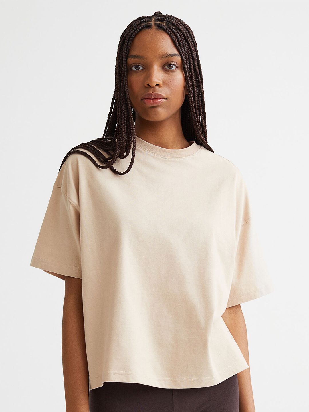 H&M Women Beige Cotton Boxy T-shirt Price in India