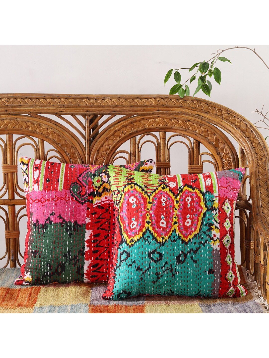HANDICRAFT PALACE Set of 2 Cotton Printed Square Cushion Covers Price in India